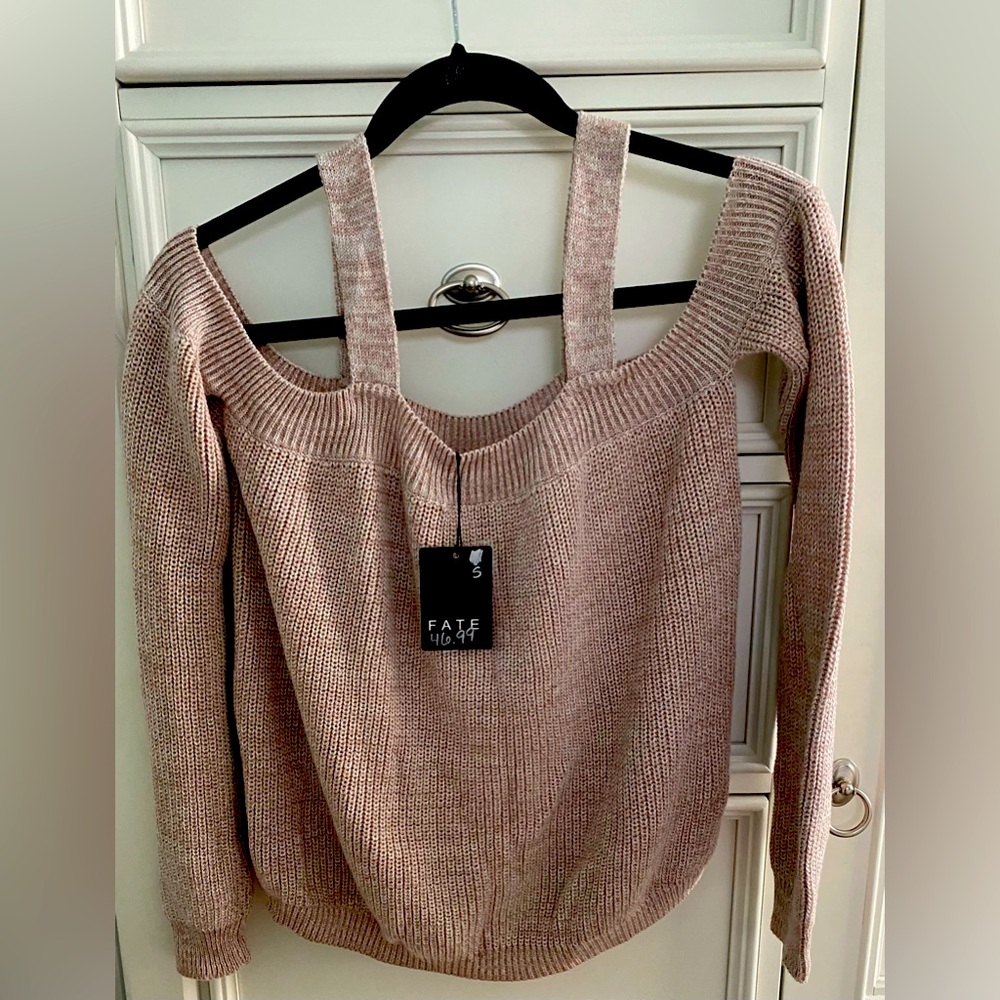 FATE Cold Shoulder - Off Shoulder NWT Knit Sweater Size Sm Ribbed Light Brown